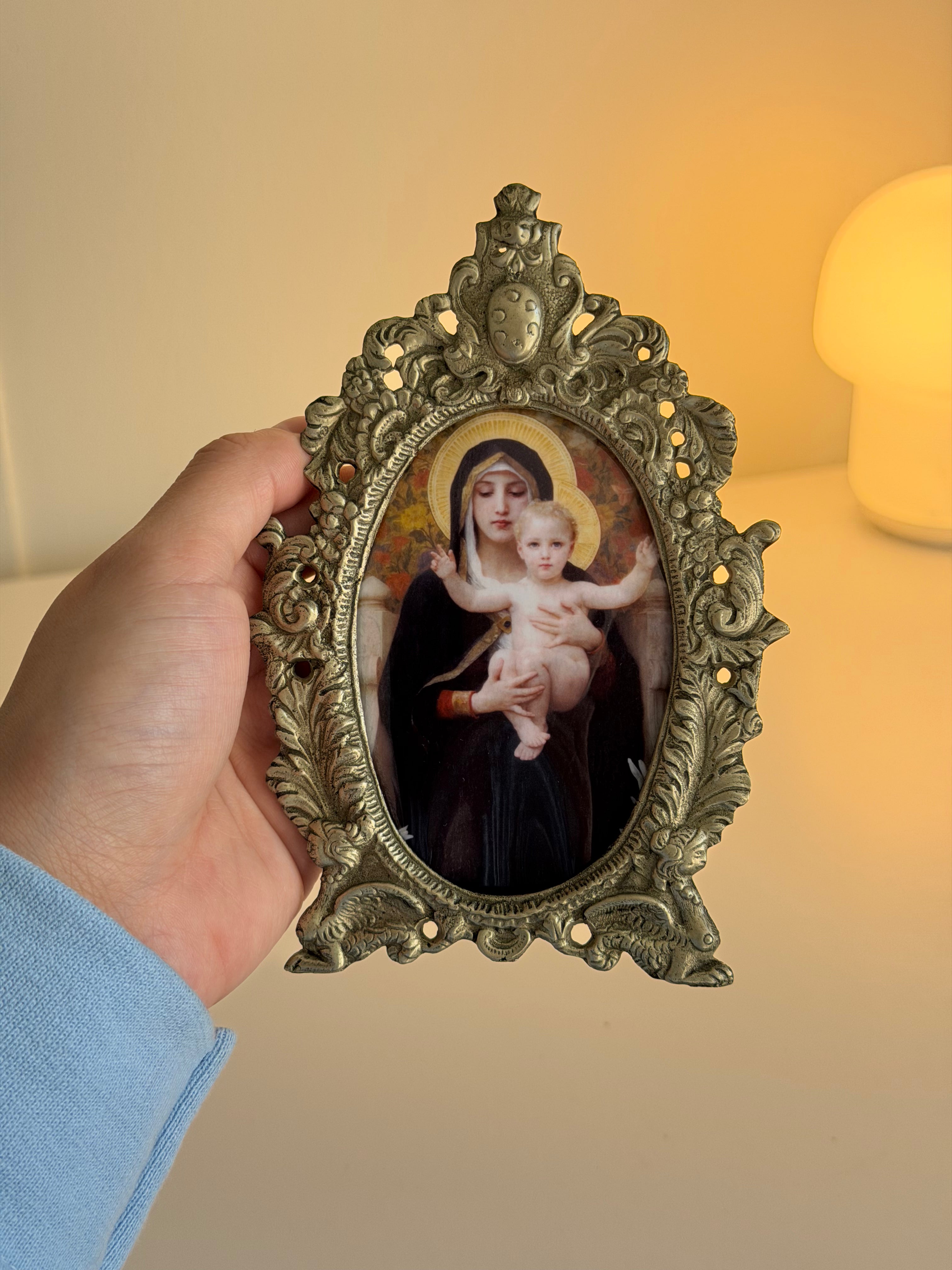 Vintage Italian Metal Frame with Virgin of the Lilies Print