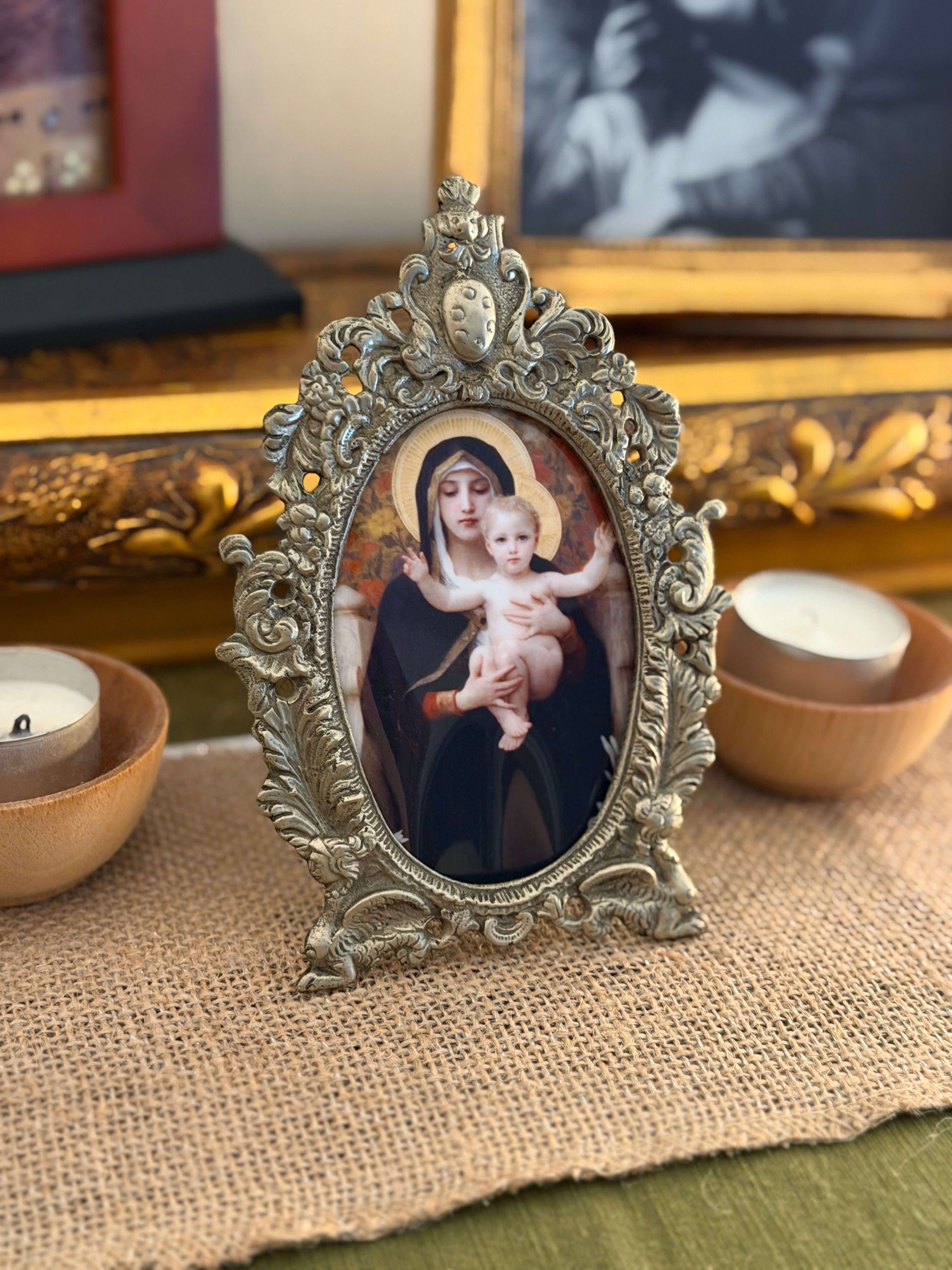 Vintage Italian Metal Frame with Virgin of the Lilies Print