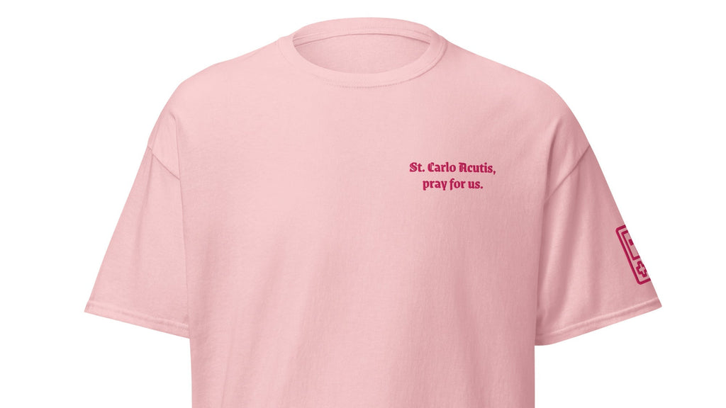 St. Carlo Acutis Unisex Embroidered T-Shirt – Pink - Altar and Apparel - T - SHIRT
