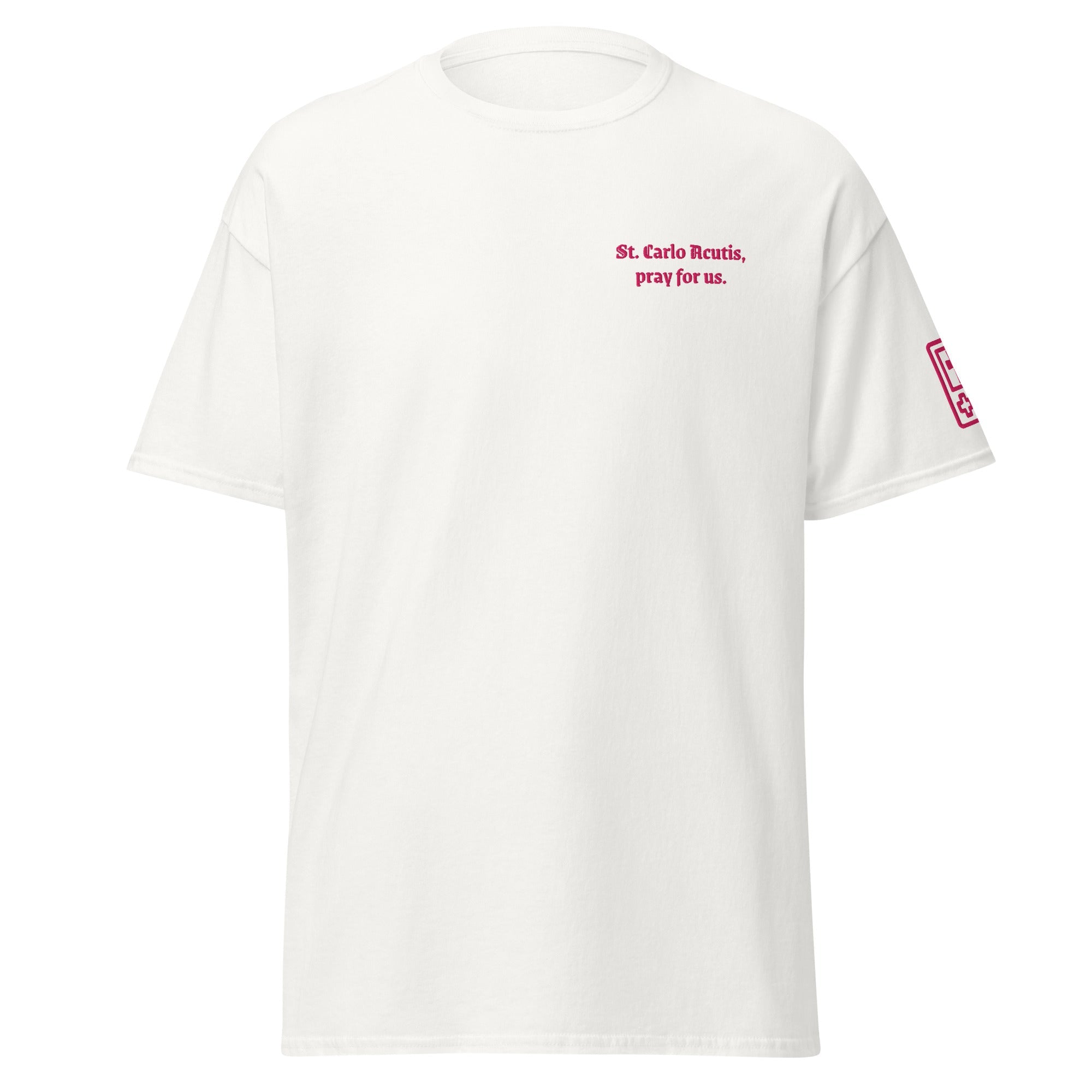 St. Carlo Acutis Unisex Embroidered T-Shirt – Pink - Altar and Apparel - T - SHIRT